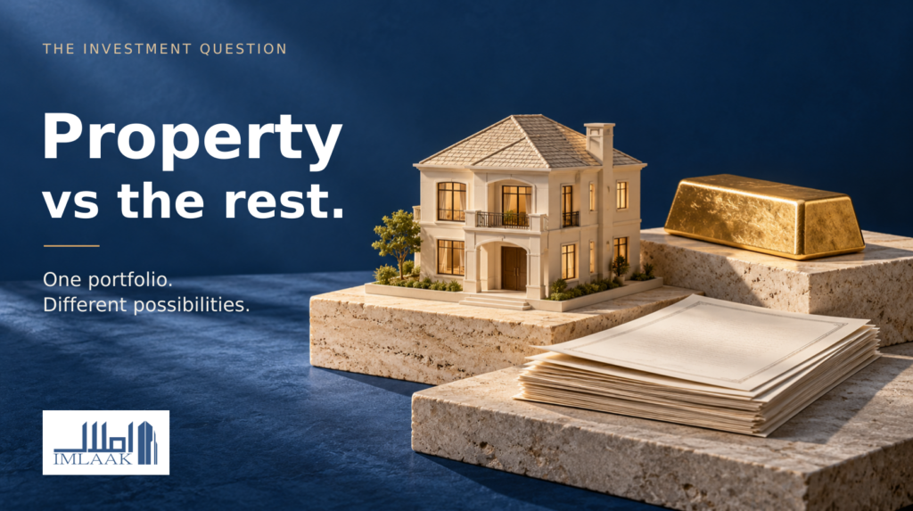 Conceptual model home, gold and paper assets illustrating property versus other investments.