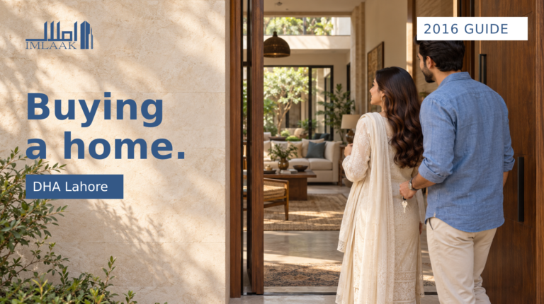 Adult couple at an illustrated home entrance for the DHA Lahore buying guide, published in 2016.