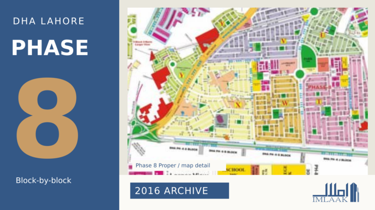 DHA Lahore Phase 8 map detail for a block-by-block guide, with a 2016 archive label.