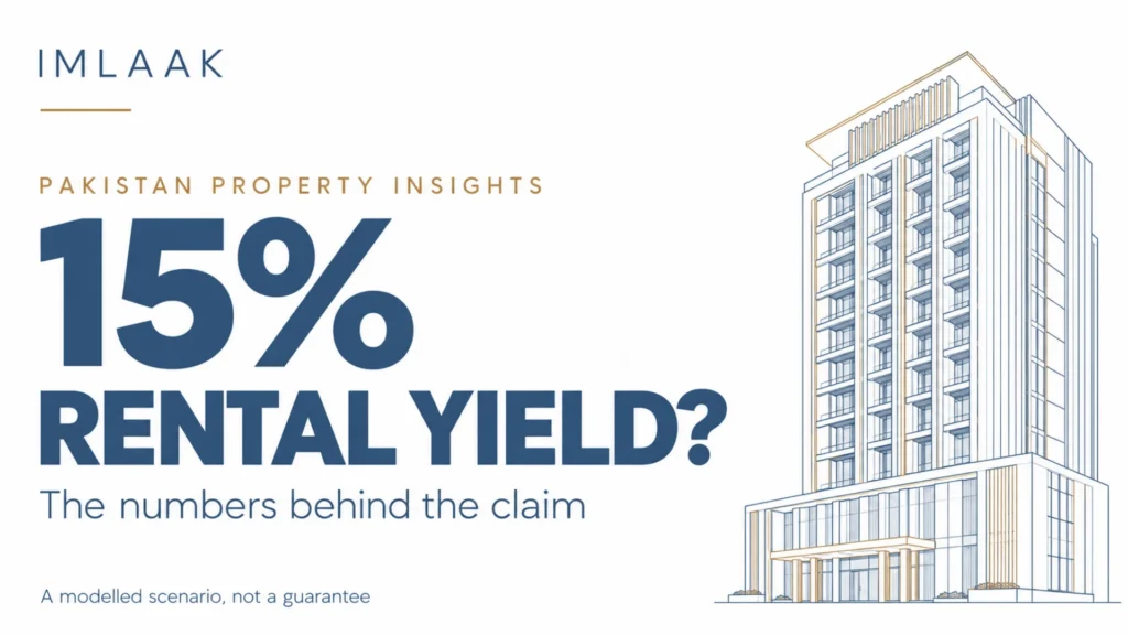 Editorial cover asking “15% rental yield?” beside a blue and gold line drawing of a hotel, with the note that this is a modelled scenario, not a guarantee.