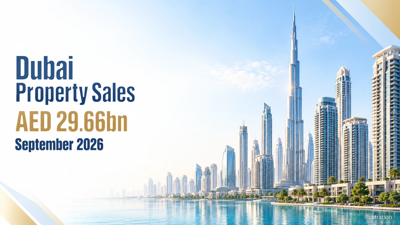 Illustrated Dubai skyline with September 2026 property sales of AED29.66 billion