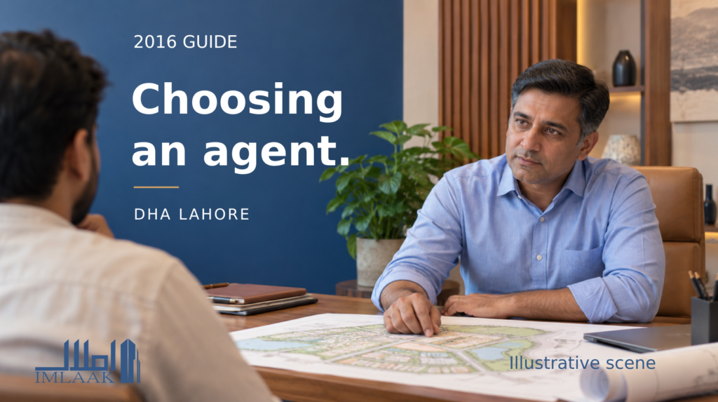 Illustrative consultation scene for choosing a DHA Lahore property agent, a 2016 guide.
