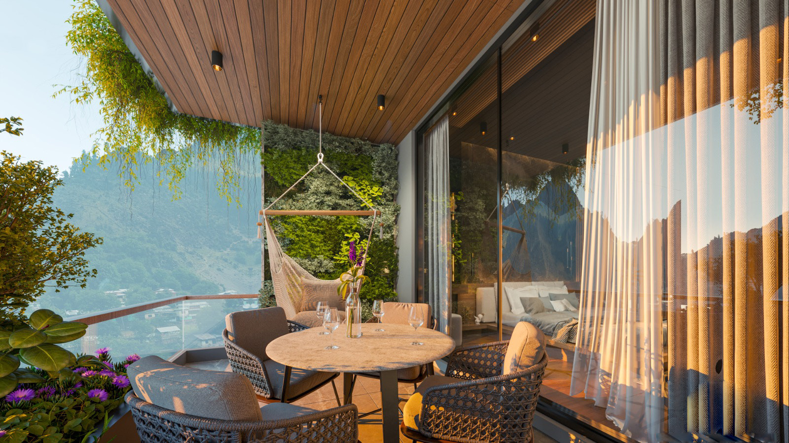 Original project concept render of a Sky Villas terrace with seating, a hanging chair and a view towards wooded hills.