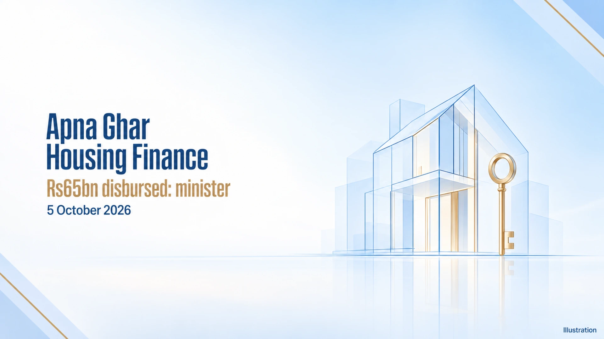 Concept illustration of a blue house and gold key for the minister’s Apna Ghar disbursement update