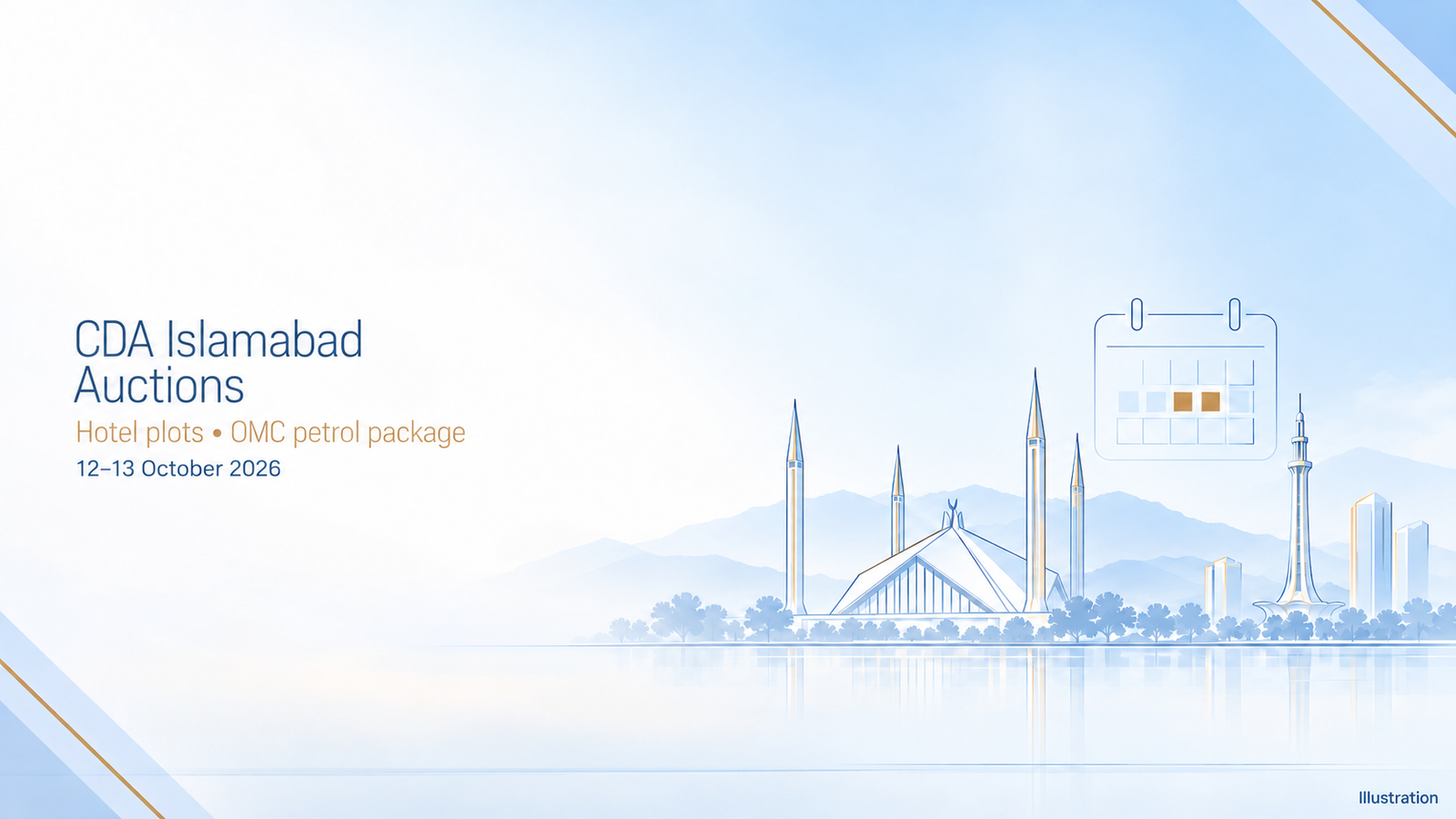 Conceptual illustration of Islamabad commercial property and the October 12–13 CDA auction calendar.