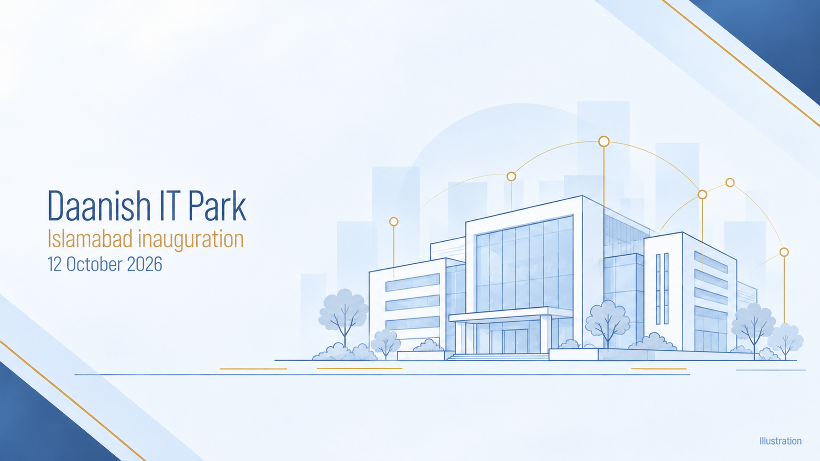 Conceptual office and network illustration for the Daanish IT Park inauguration in Islamabad.