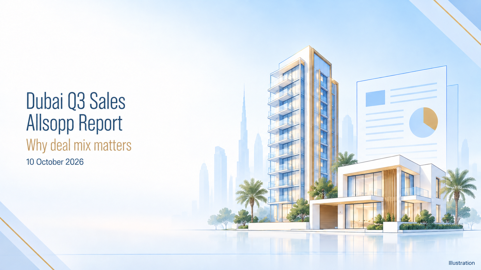 Conceptual illustration of apartments, a villa and a report for Allsopp Dubai Q3 sales analysis.