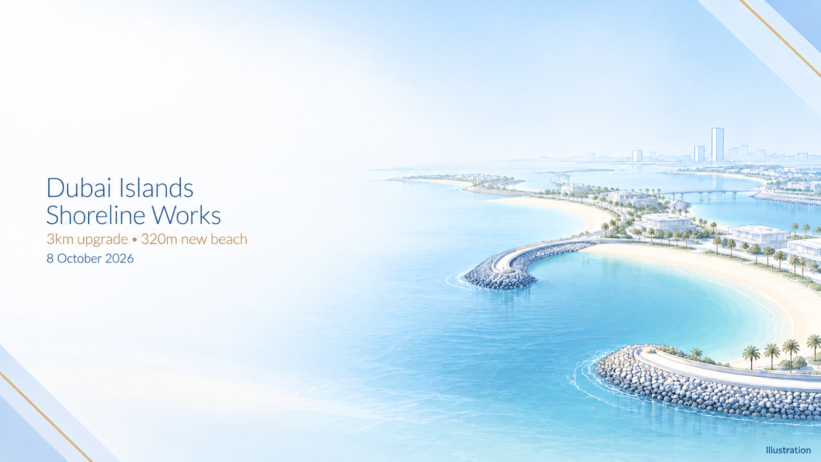 Conceptual illustration of coastal engineering for Dubai Islands shoreline works.