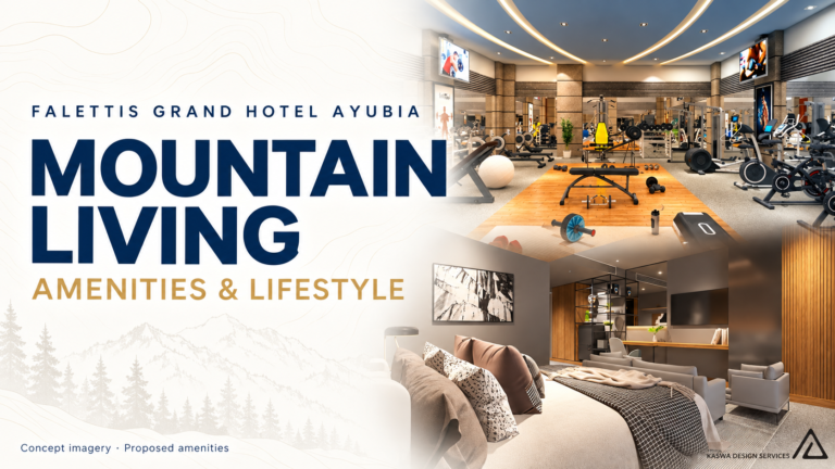 Mountain living at Falettis Grand Hotel Ayubia: proposed amenities and lifestyle illustrated with gym and room concept renders