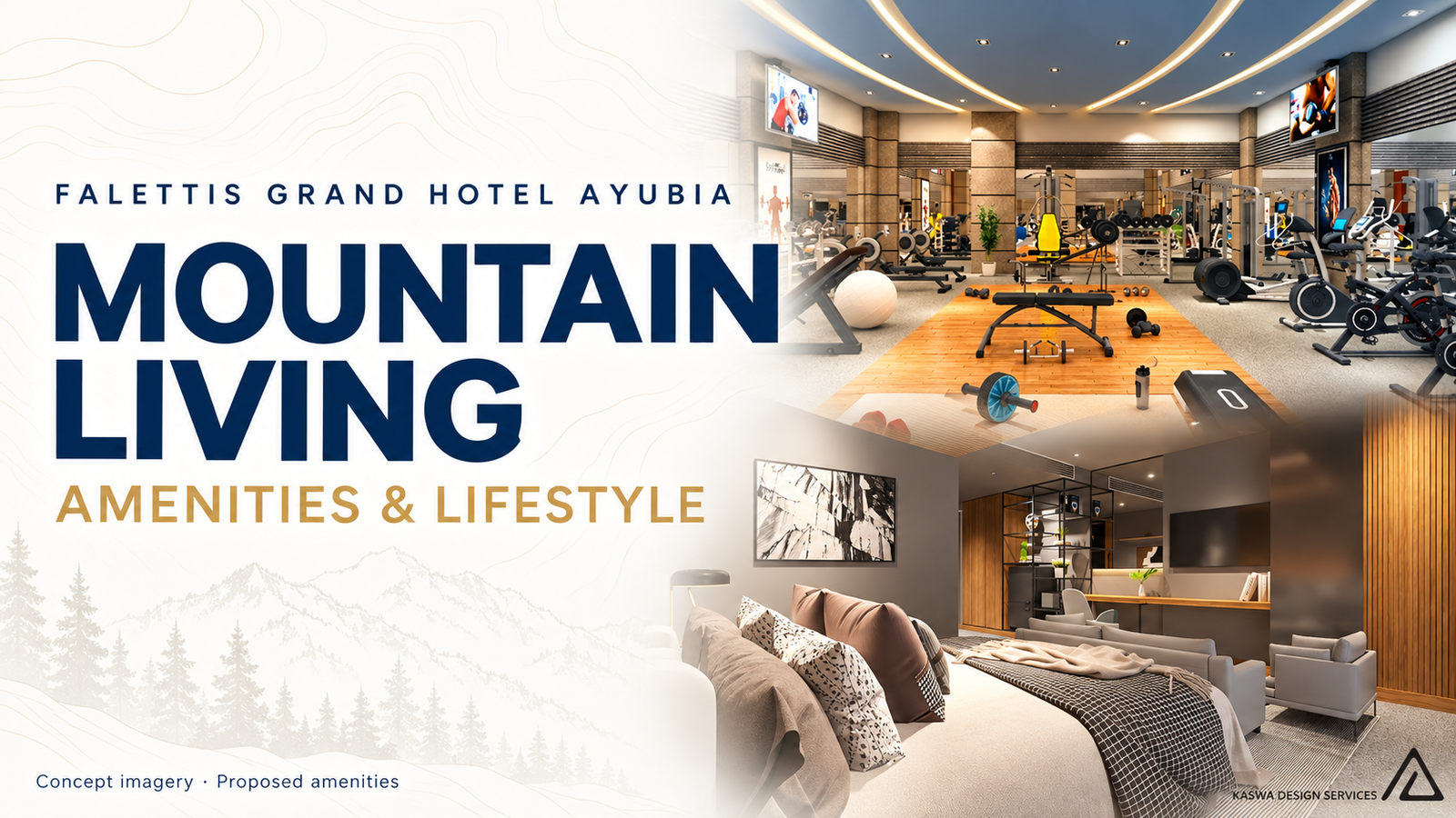 Mountain living at Falettis Grand Hotel Ayubia: proposed amenities and lifestyle illustrated with gym and room concept renders