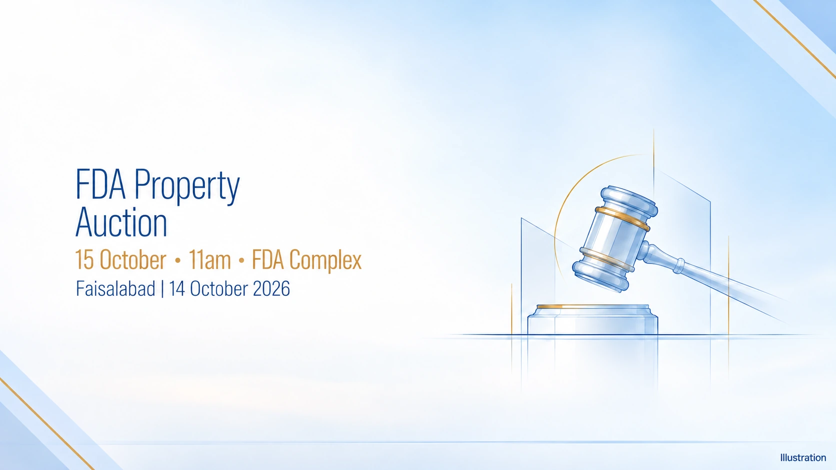 Conceptual auction gavel illustration for the FDA property auction on 15 October 2026.