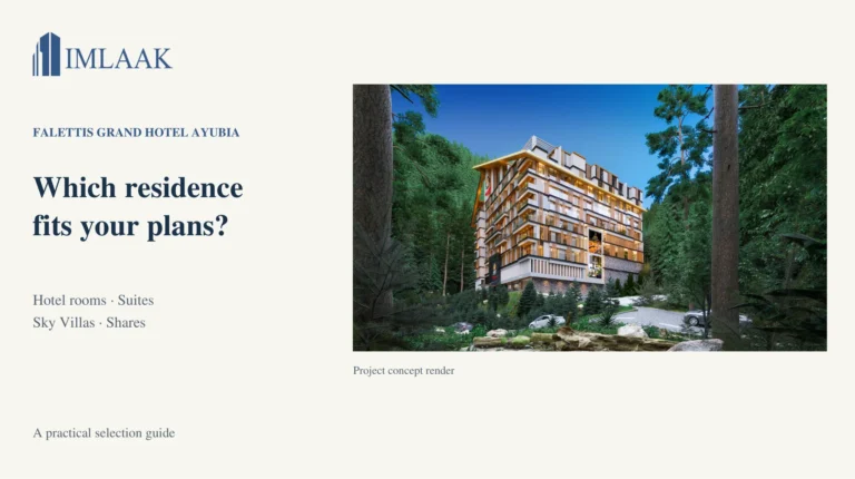Imlaak guide to choosing a residence at Falettis Grand Hotel Ayubia, using an original project exterior concept render.