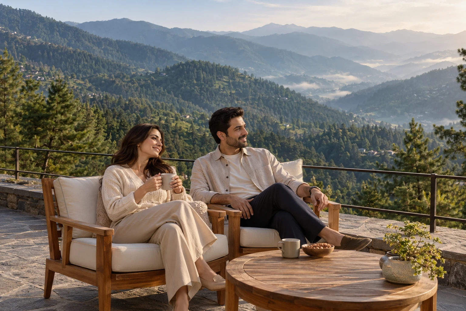 Illustrative couple relaxing on a mountain terrace overlooking wooded Galiyat-style hills