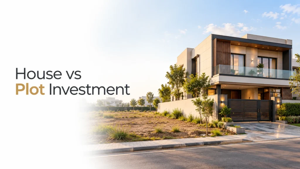 Conceptual illustration of a house beside undeveloped land for Imlaak’s house versus plot investment comparison.