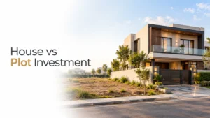 Conceptual illustration of a house beside undeveloped land for Imlaak’s house versus plot investment comparison.