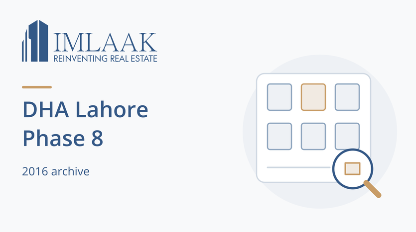 DHA Lahore Phase 8. 2016 archive. Symbolic plot grid and magnifying glass.