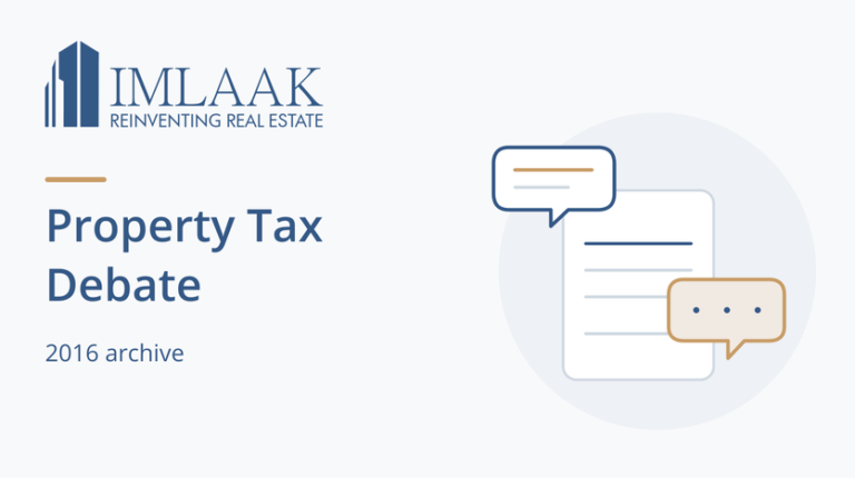 Property Tax Debate. 2016 archive. Property document and two conversation bubbles.