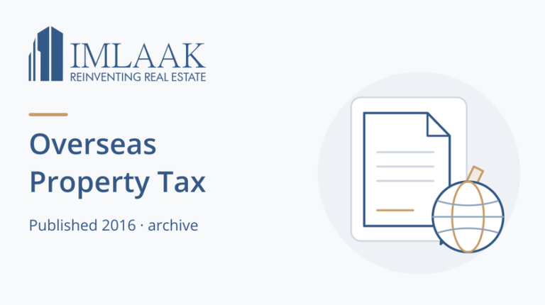 Overseas Property Tax. Published 2016, archive. Property document and globe.