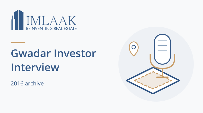 Gwadar Investor Interview. 2016 archive. Microphone with abstract plot tile and location pin.