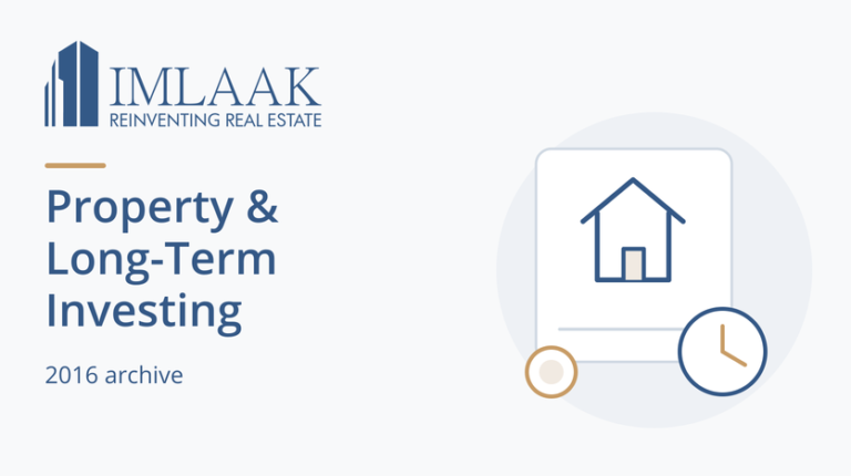 Property & Long-Term Investing. 2016 archive. Symbolic house, clock and a single coin.