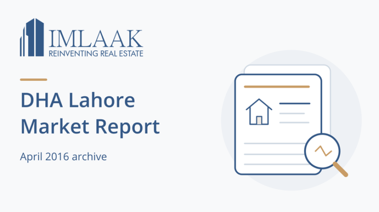 DHA Lahore Market Report. April 2016 archive. Property report card with a neutral research symbol.