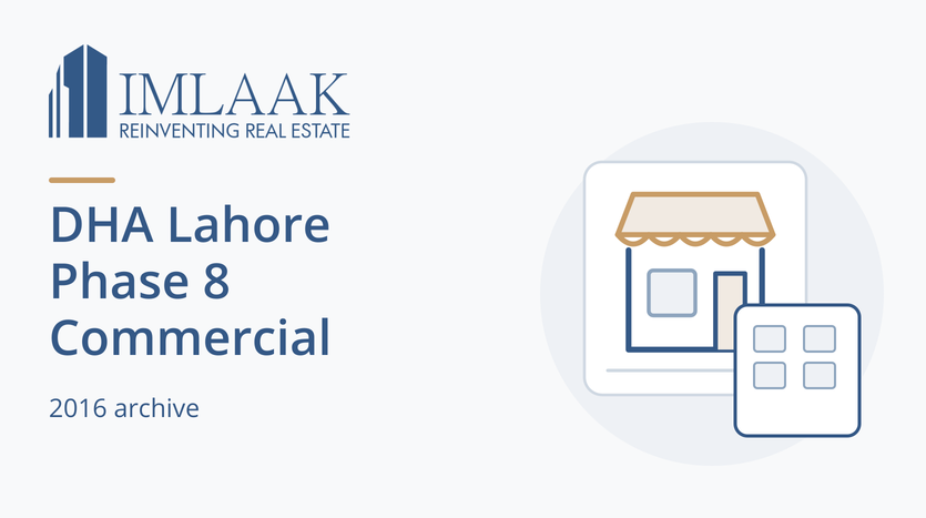 DHA Lahore Phase 8 Commercial. 2016 archive. Symbolic shopfront with a plot-research detail.