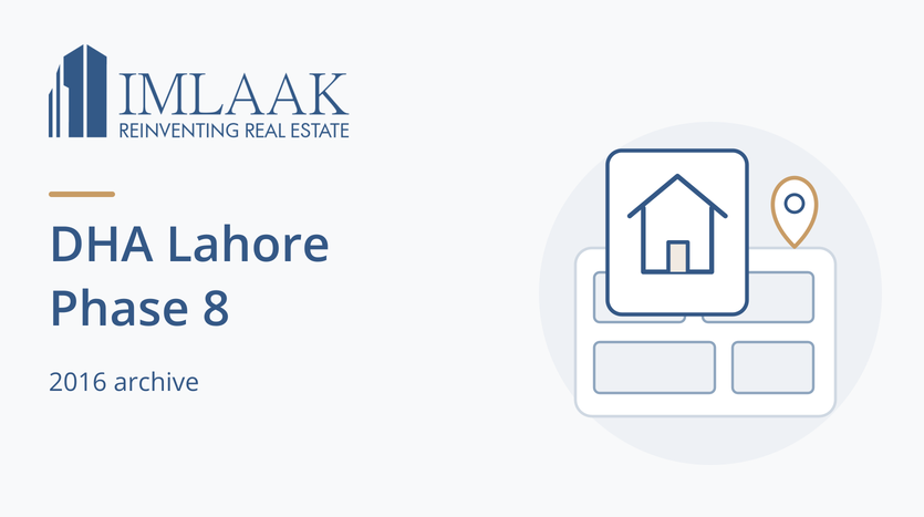 DHA Lahore Phase 8. 2016 archive. Symbolic house card, plot tiles and location pin.