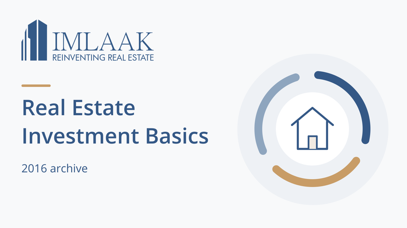 Real Estate Investment Basics. 2016 archive. Three abstract circular segments surrounding a neutral house outline.