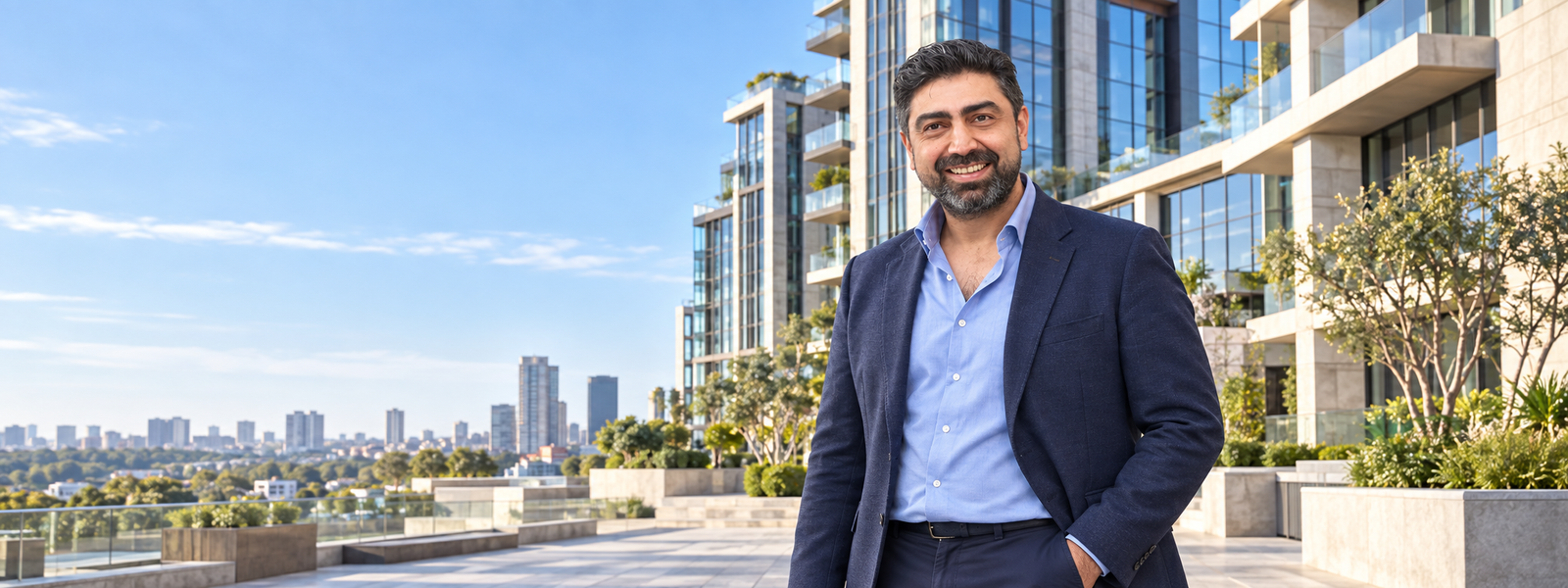 AI-generated illustration of Shahnawaz Yaqub Bhatti standing outdoors beside modern architecture