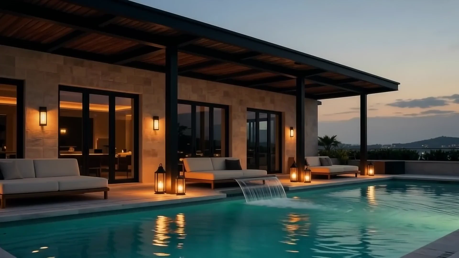 Poolside scene at dusk