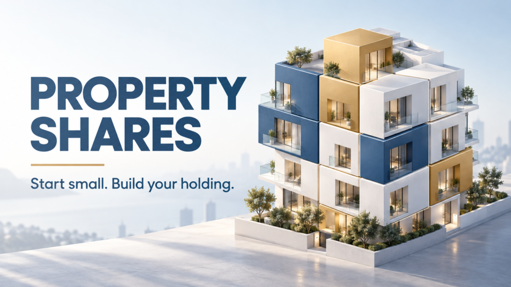 Conceptual blue, gold and white building divided into segments, illustrating property shares and gradually building a holding.