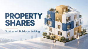 Conceptual blue, gold and white building divided into segments, illustrating property shares and gradually building a holding.