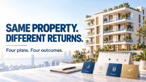Same property, different returns: conceptual apartment building with four investment-plan cards and a payment calendar.