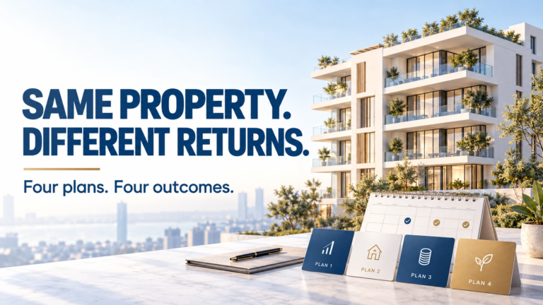 Same property, different returns: conceptual apartment building with four investment-plan cards and a payment calendar.