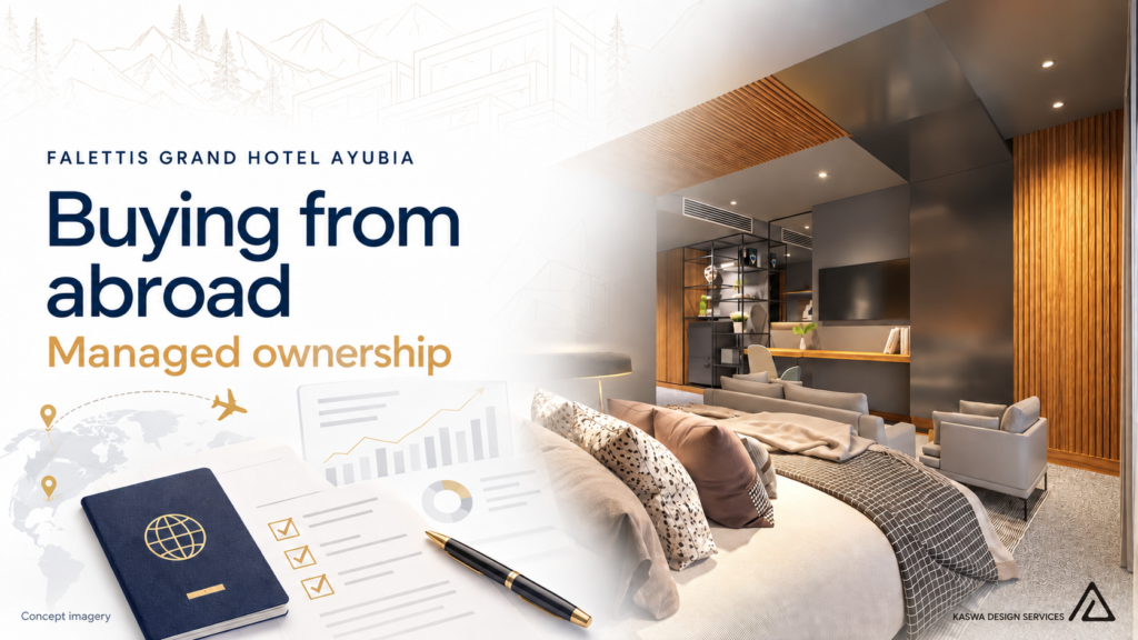 Buying from abroad with Imlaak managed ownership, illustrated with a supplied Falettis hotel-room concept and travel documents.