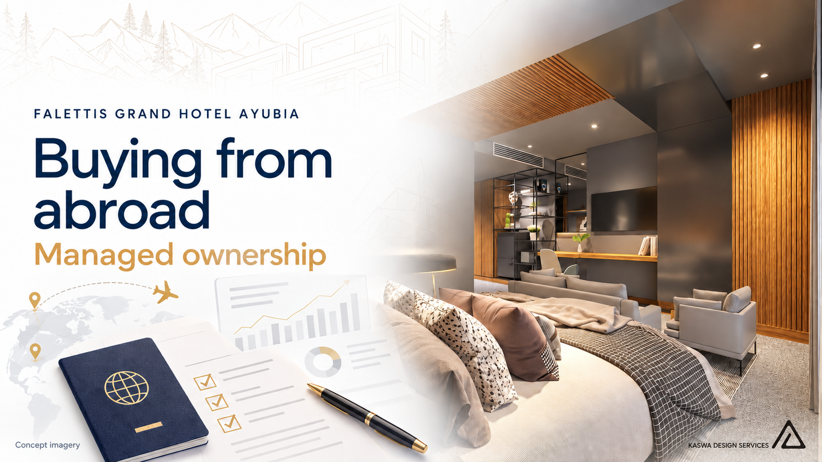 Buying from abroad with Imlaak managed ownership, illustrated with a supplied Falettis hotel-room concept and travel documents.