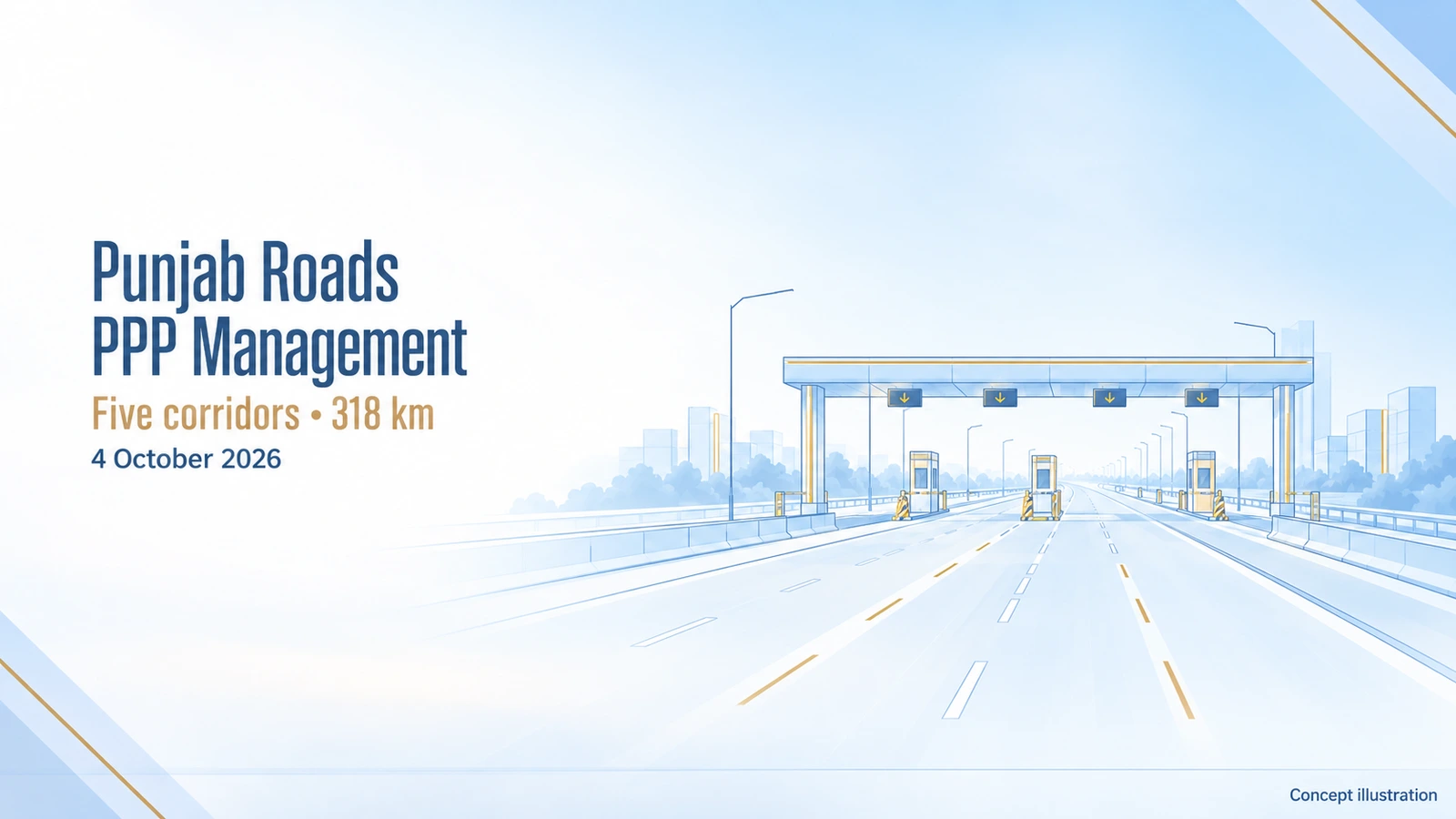 Concept illustration of a Punjab intercity road and toll gantry for the road-management PPP programme