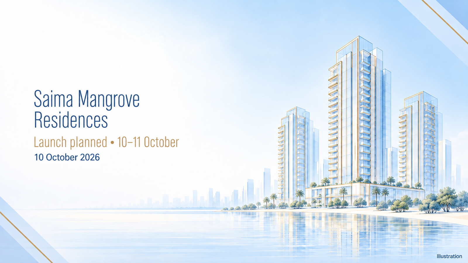 Conceptual illustration of apartments beside a shoreline for the Saima Mangrove Residences launch announcement.