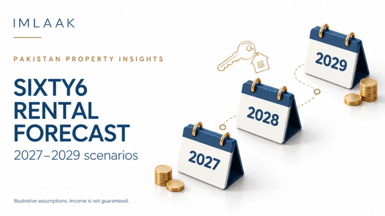 Sixty6 rental forecast cover with 2027, 2028 and 2029 calendars, keys and coins